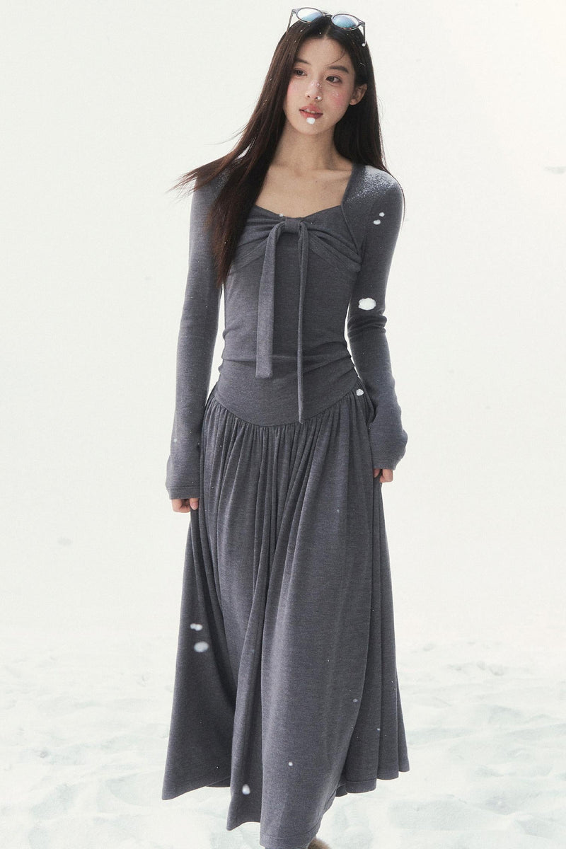 Gray Knit Waist Shape French Dress