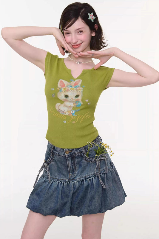 Green Rabbit Print V-neck Top