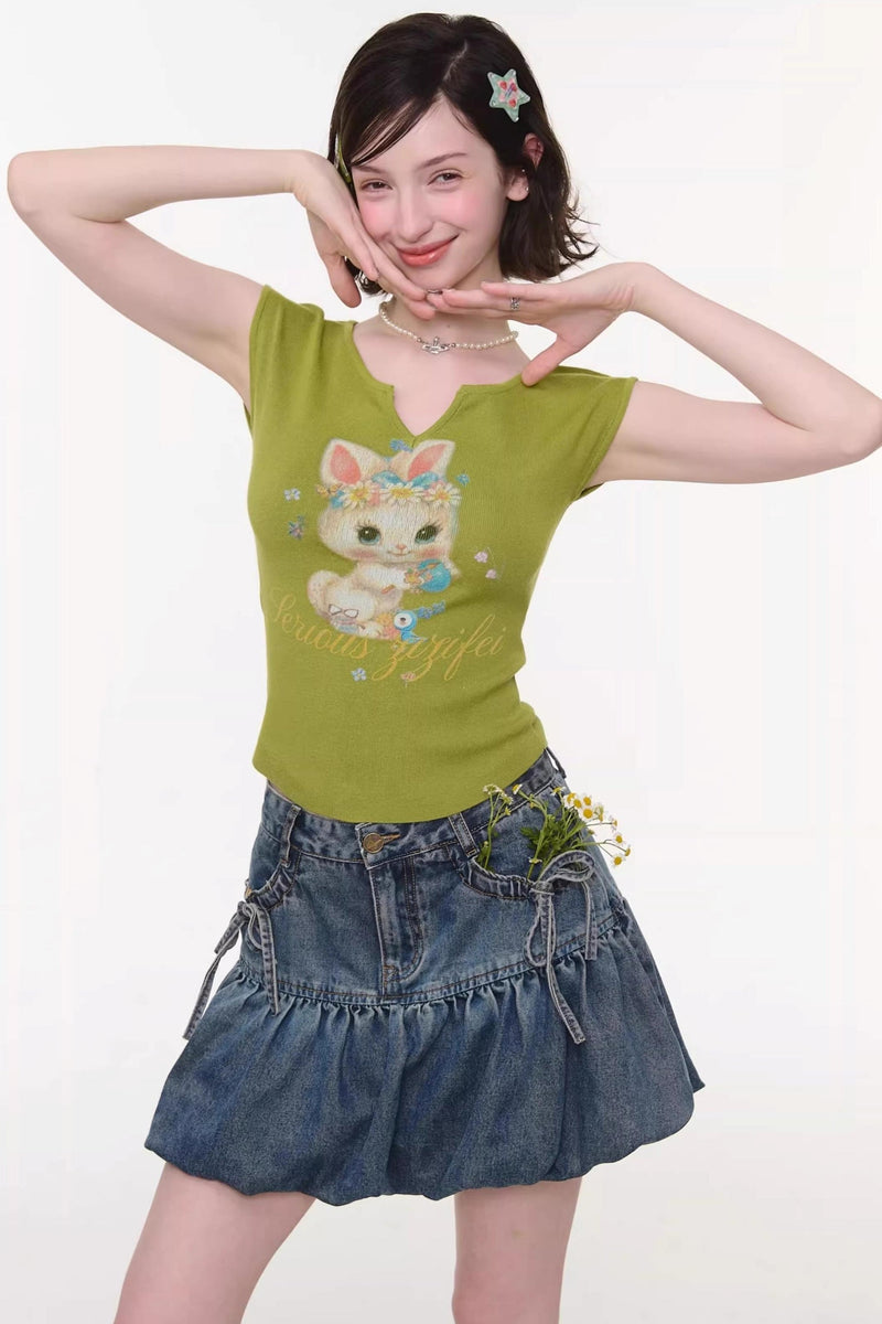 Green Rabbit Print V-neck Top