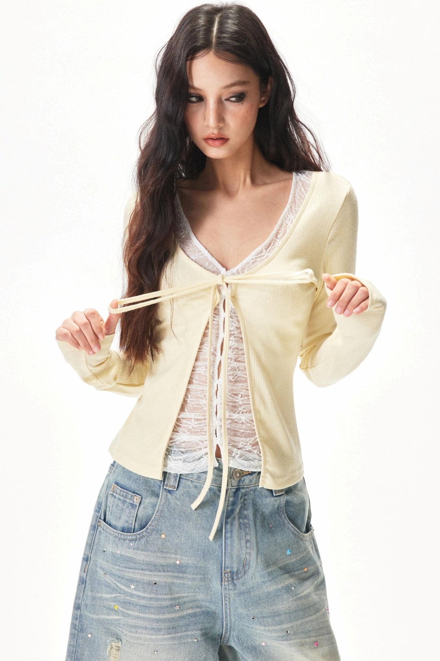 Fine Ribbed Knit Lace Blouse