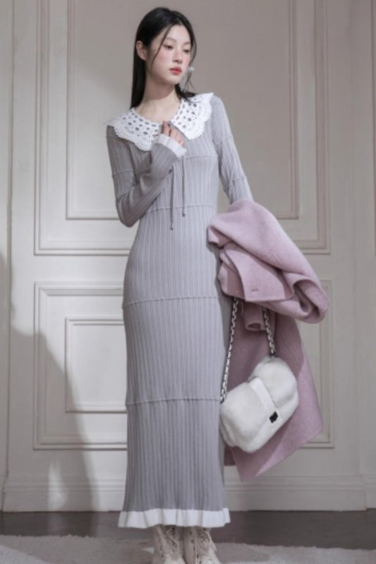 Sichuan Mist Gray Ruffle Long Dress