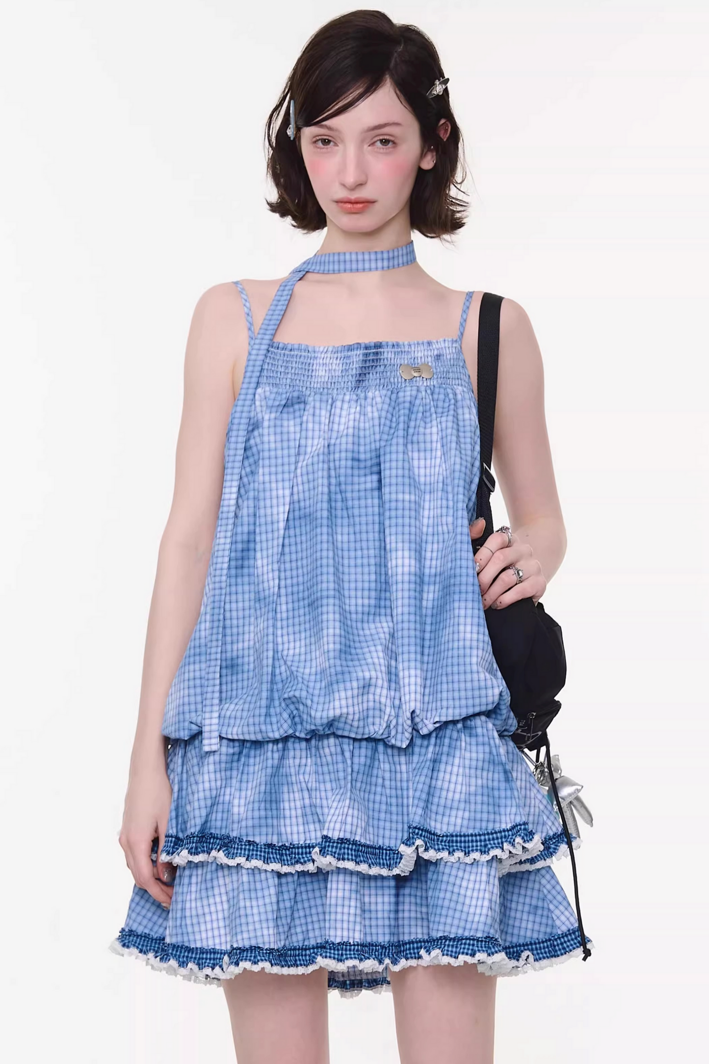 Tie-dye Blue Plaid Lace Dress