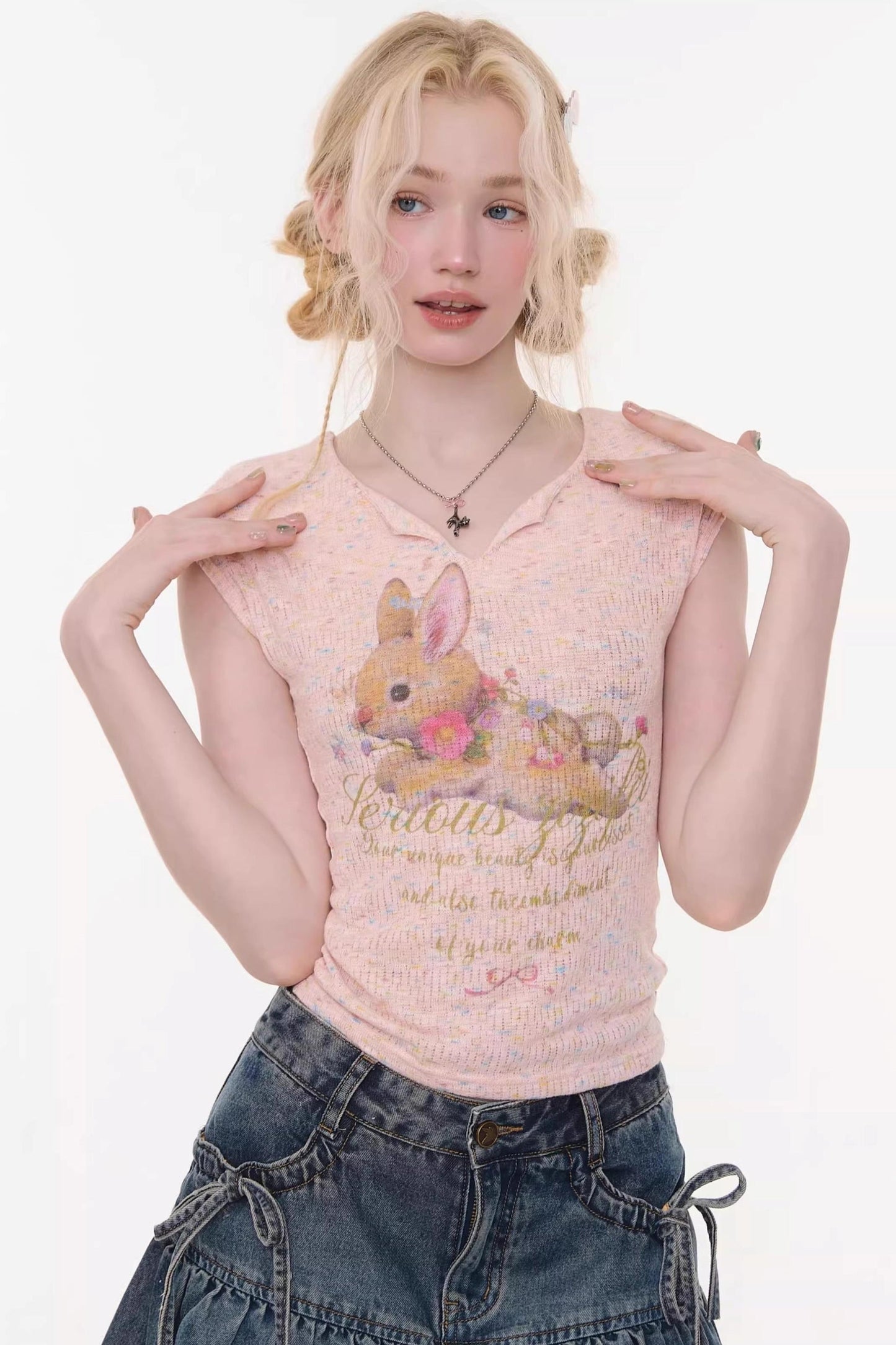 Pink Rabbit Print Slim Top