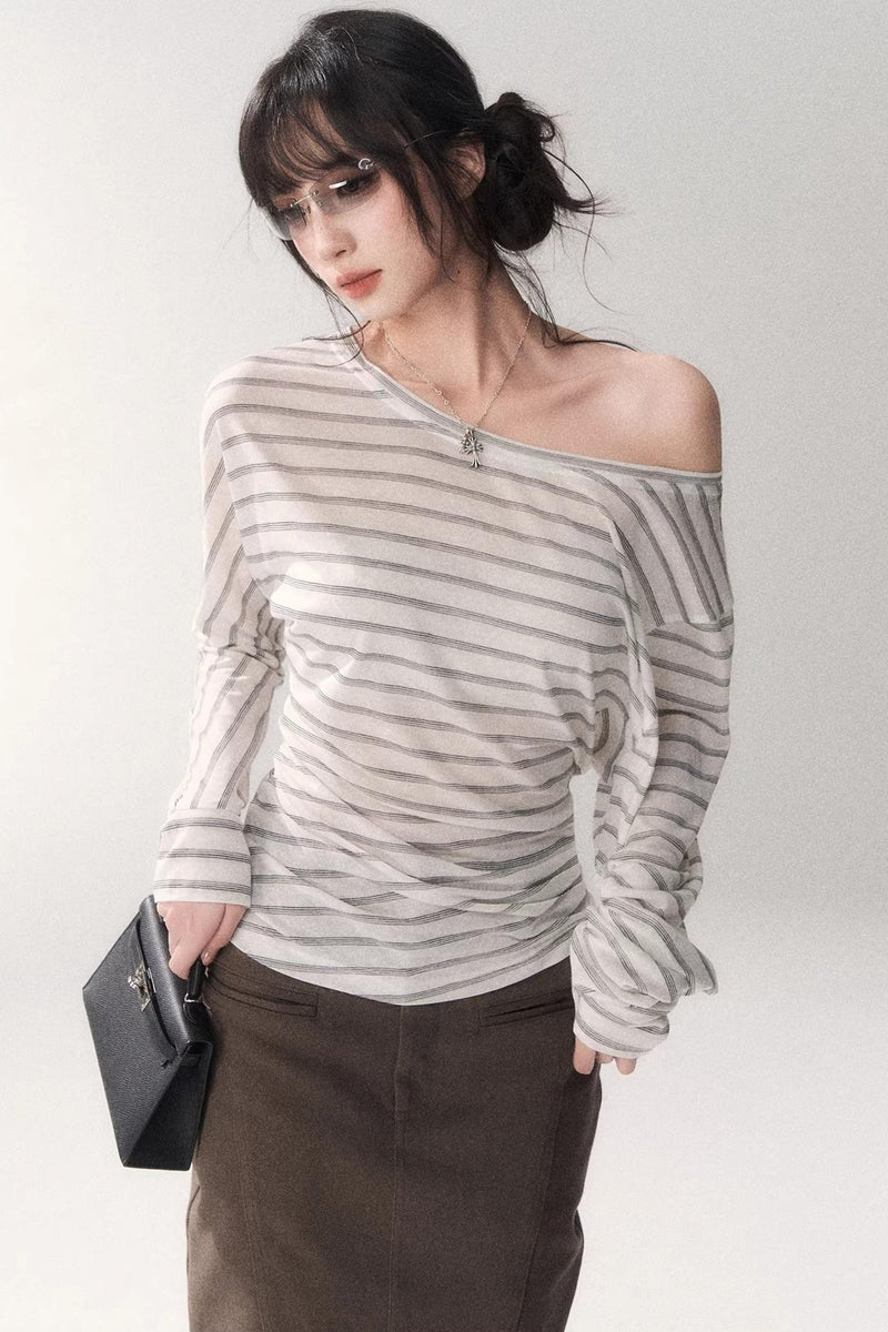 Striped Tencel Off-shoulder Top