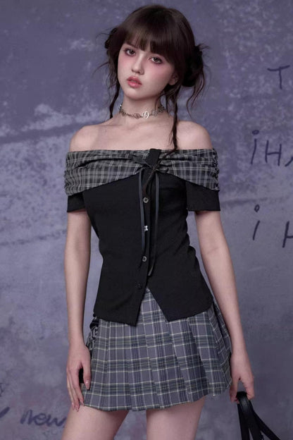 Pleated Bow Knot One-shoulder Top + Skirt