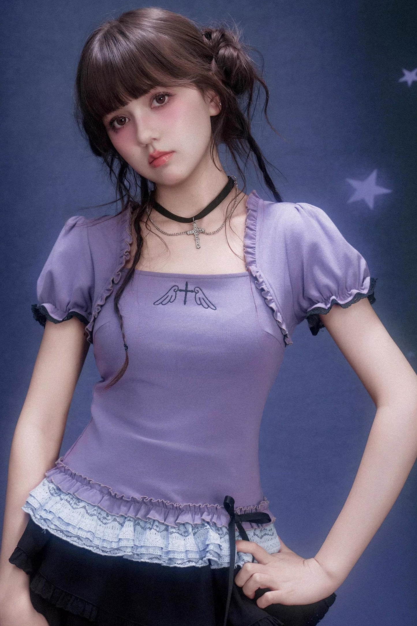 Purple Lace Puff Sleeve Top