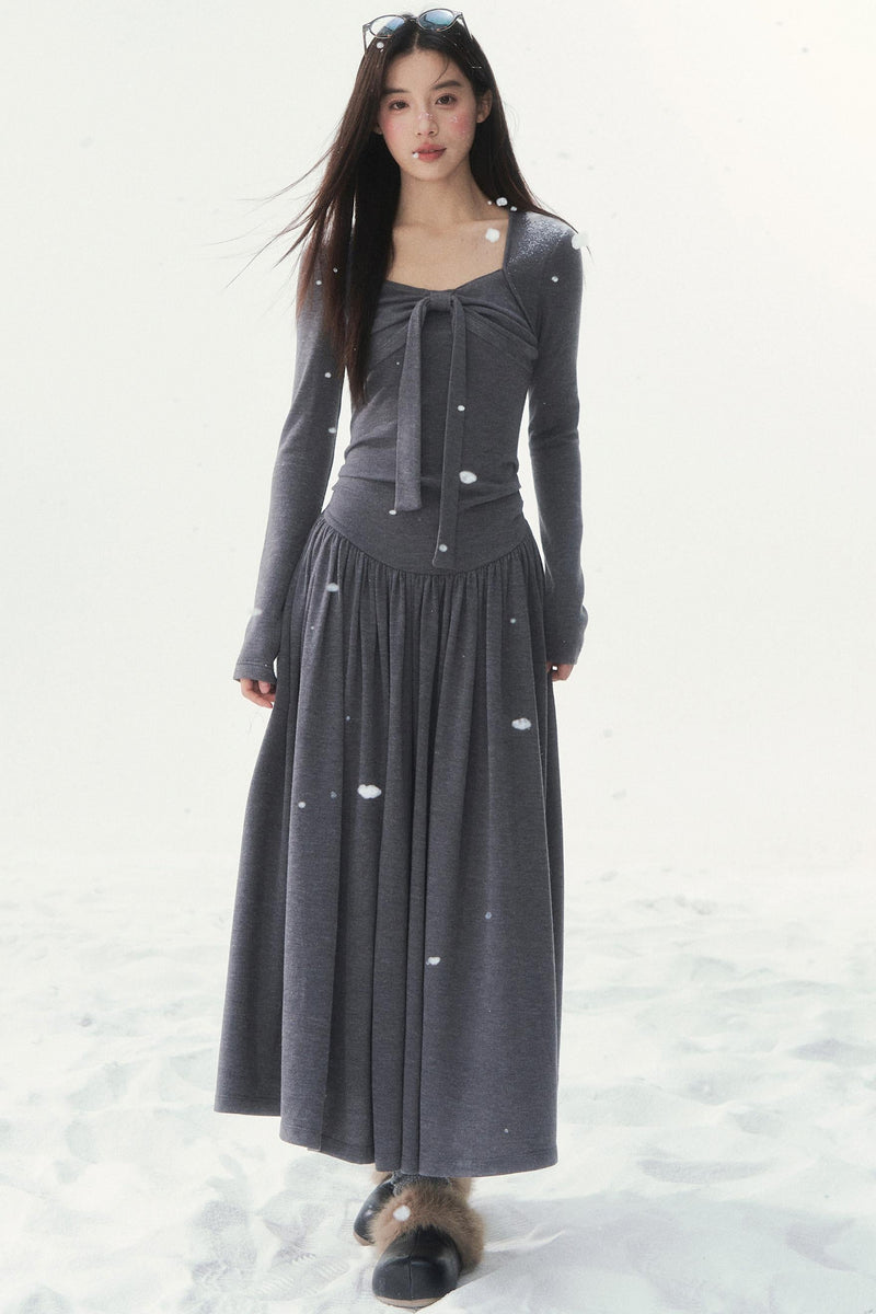 Gray Knit Waist Shape French Dress