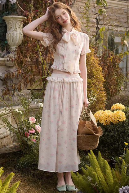 Mediterranean Print Chiffon Top + Skirt