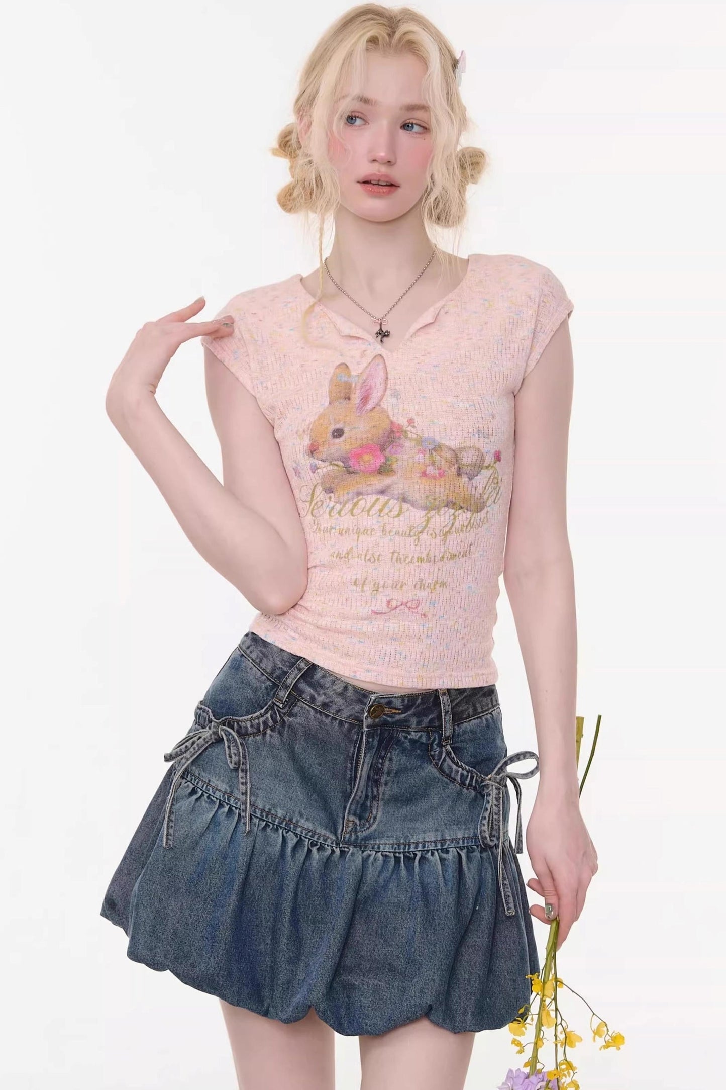 Pink Rabbit Print Slim Top