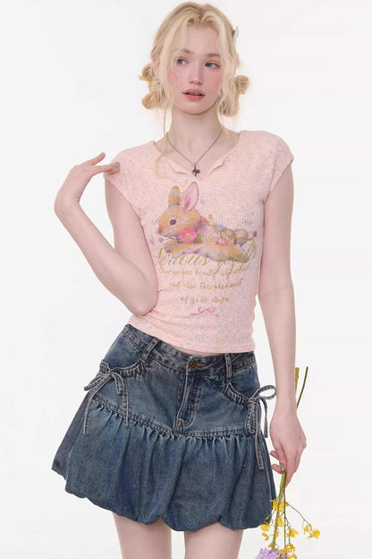 Pink Rabbit Print Slim Top
