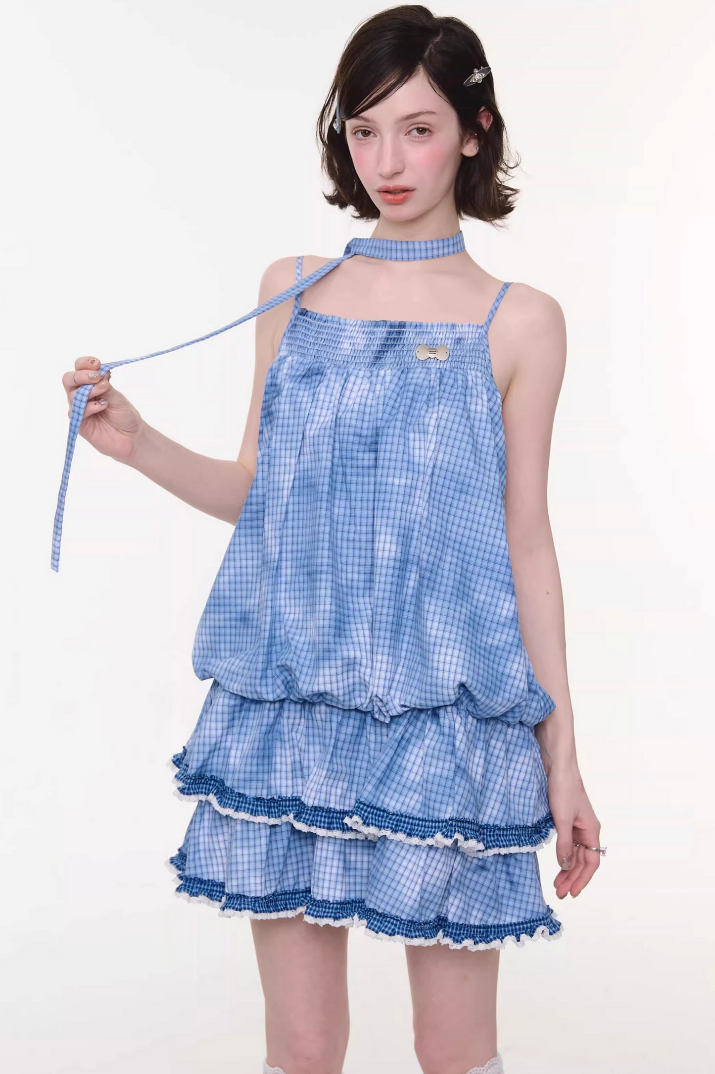 Tie-dye Blue Plaid Lace Dress