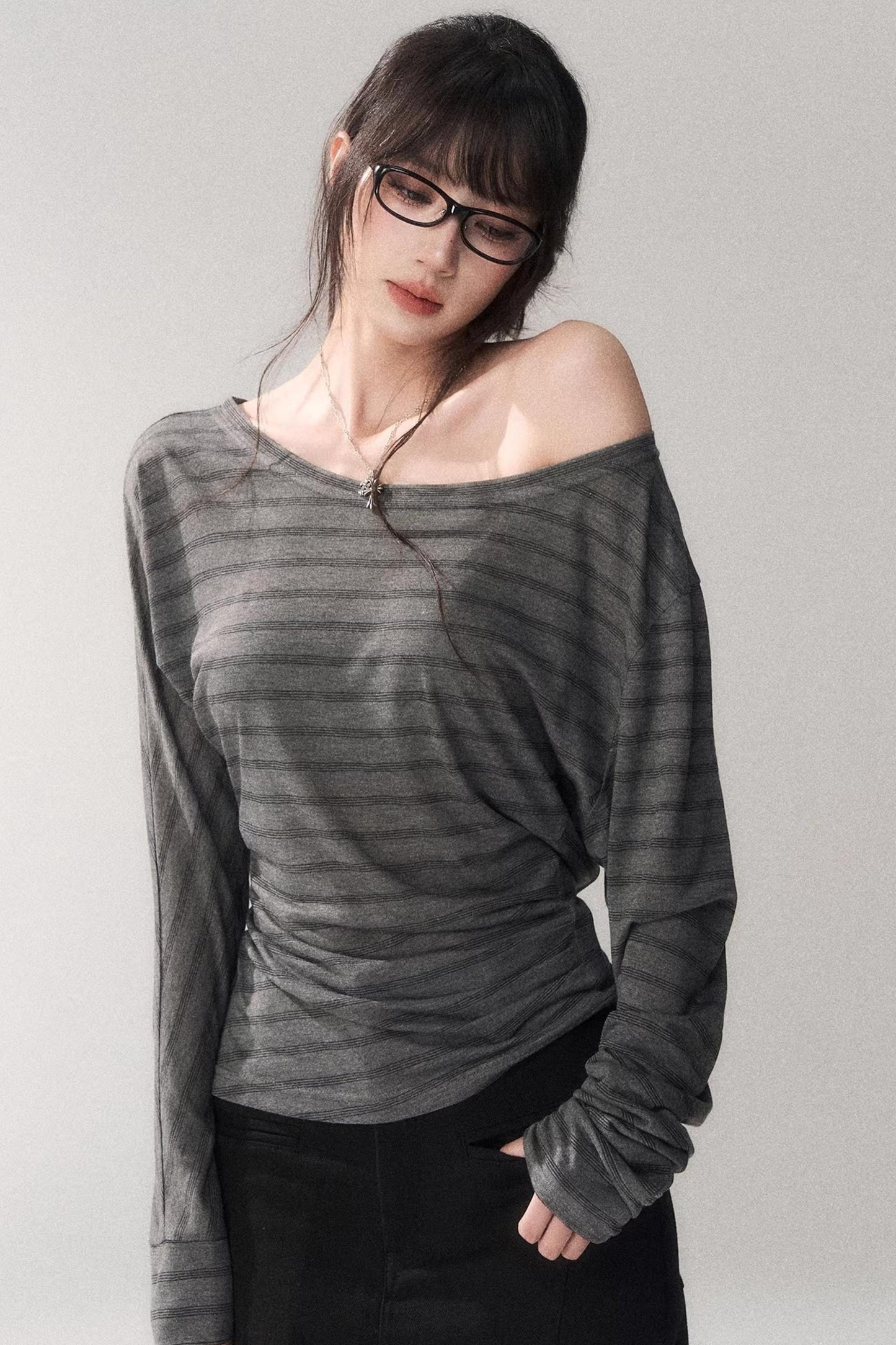 Striped Tencel Off-shoulder Top