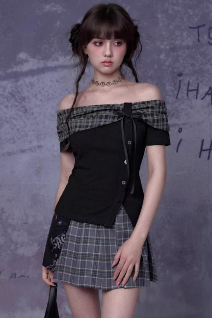 Pleated Bow Knot One-shoulder Top + Skirt