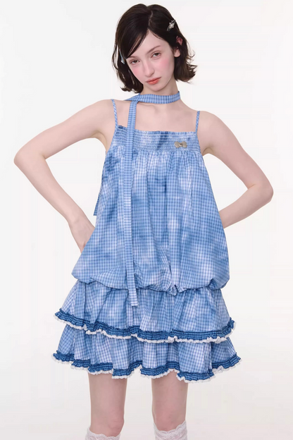 Tie-dye Blue Plaid Lace Dress