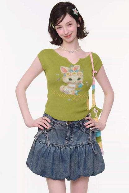 Green Rabbit Print V-neck Top