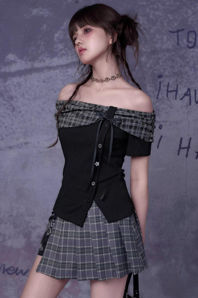 Pleated Bow Knot One-shoulder Top + Skirt