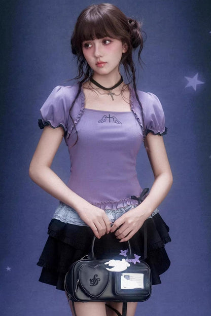 Purple Lace Puff Sleeve Top