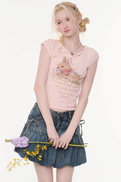 Pink Rabbit Print Slim Top