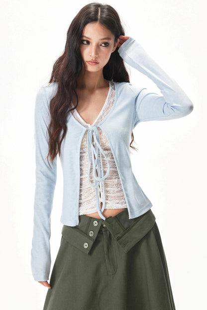 Fine Ribbed Knit Lace Blouse