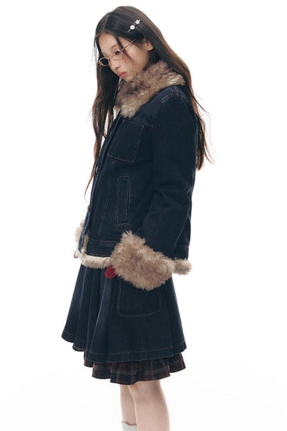 Fur Collar Denim Jacket + Skirt
