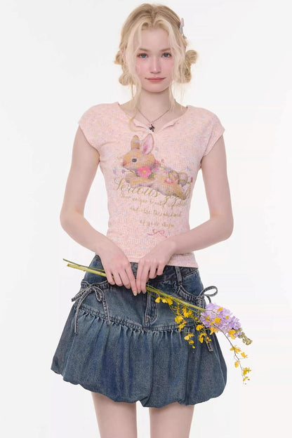 Pink Rabbit Print Slim Top