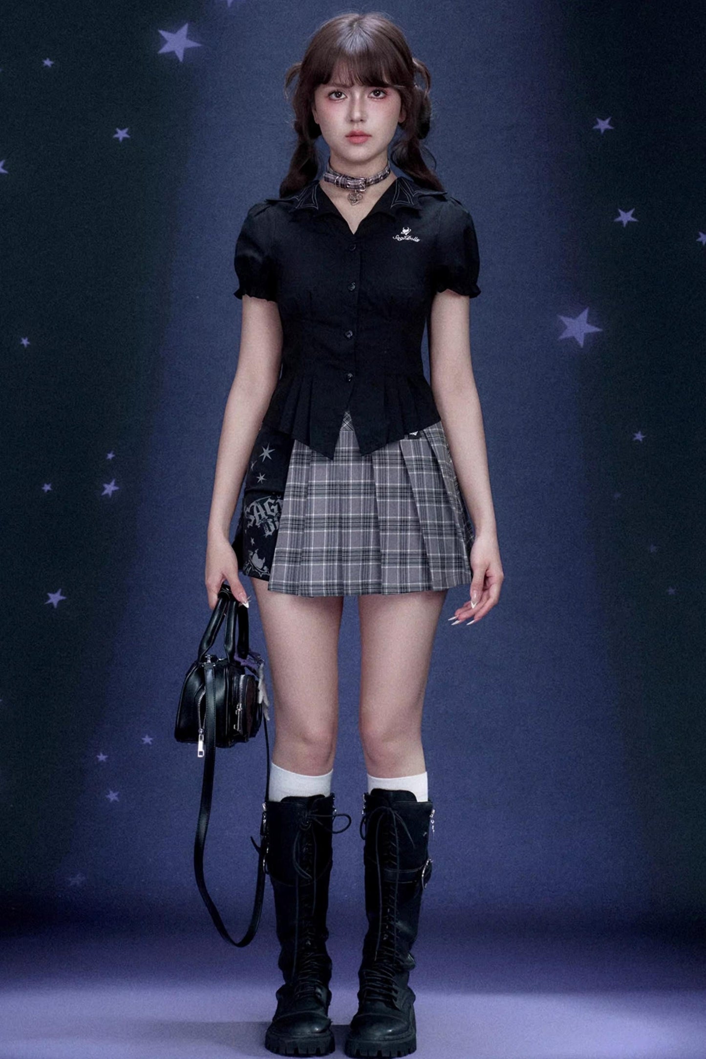 Plaid Graffiti Pleated Skirt + Top