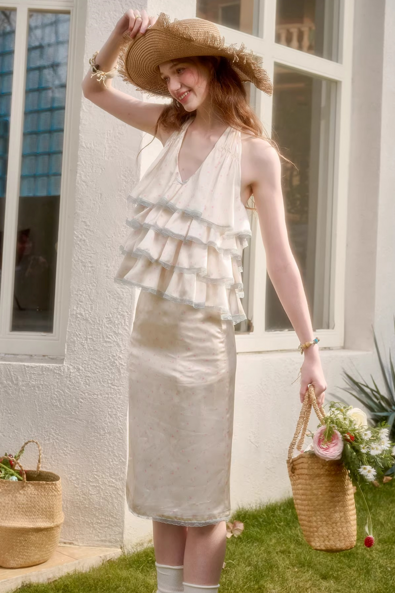 Lemon Satin Lace Top + Skirt