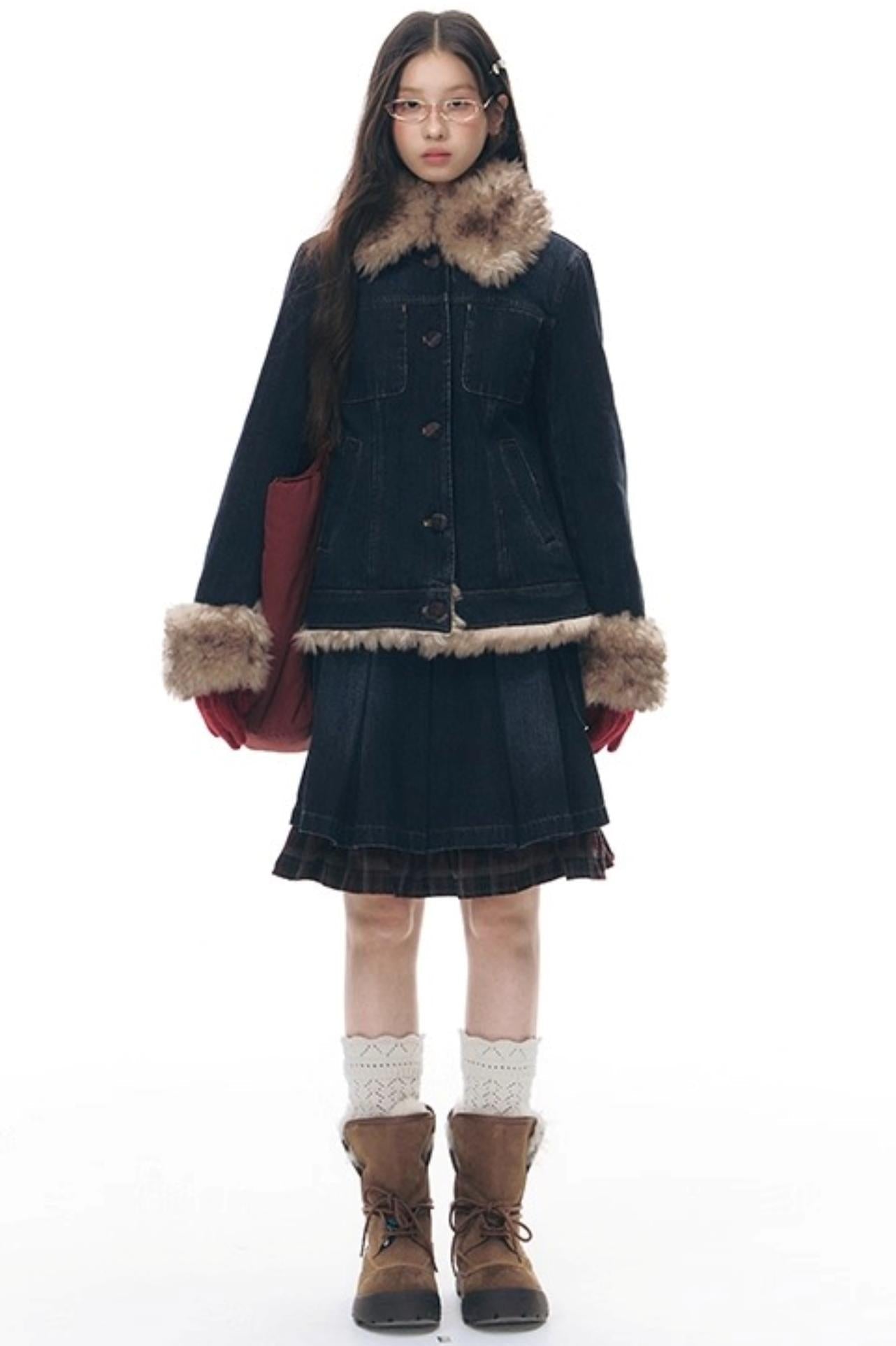 Fur Collar Denim Jacket + Skirt