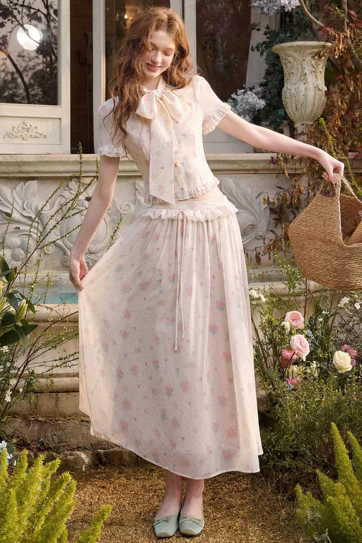 Mediterranean Print Chiffon Top + Skirt