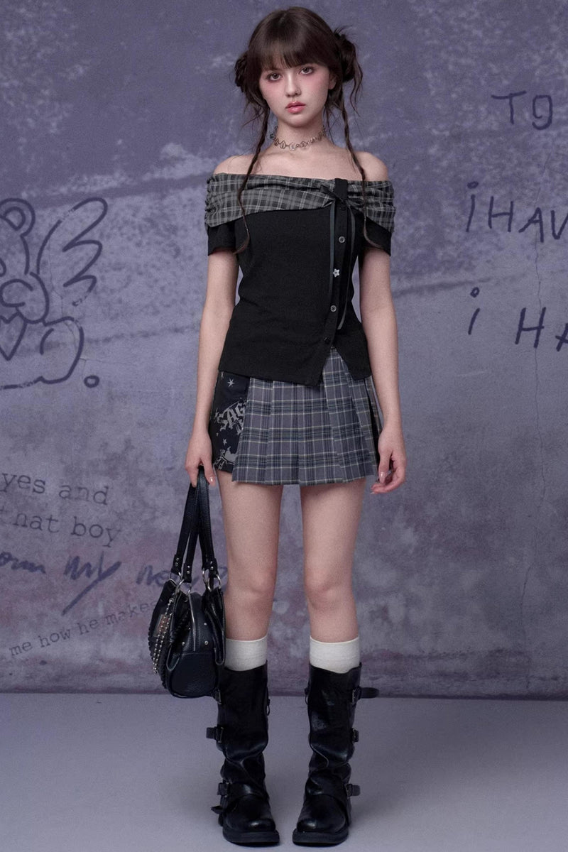 Pleated Bow Knot One-shoulder Top + Skirt