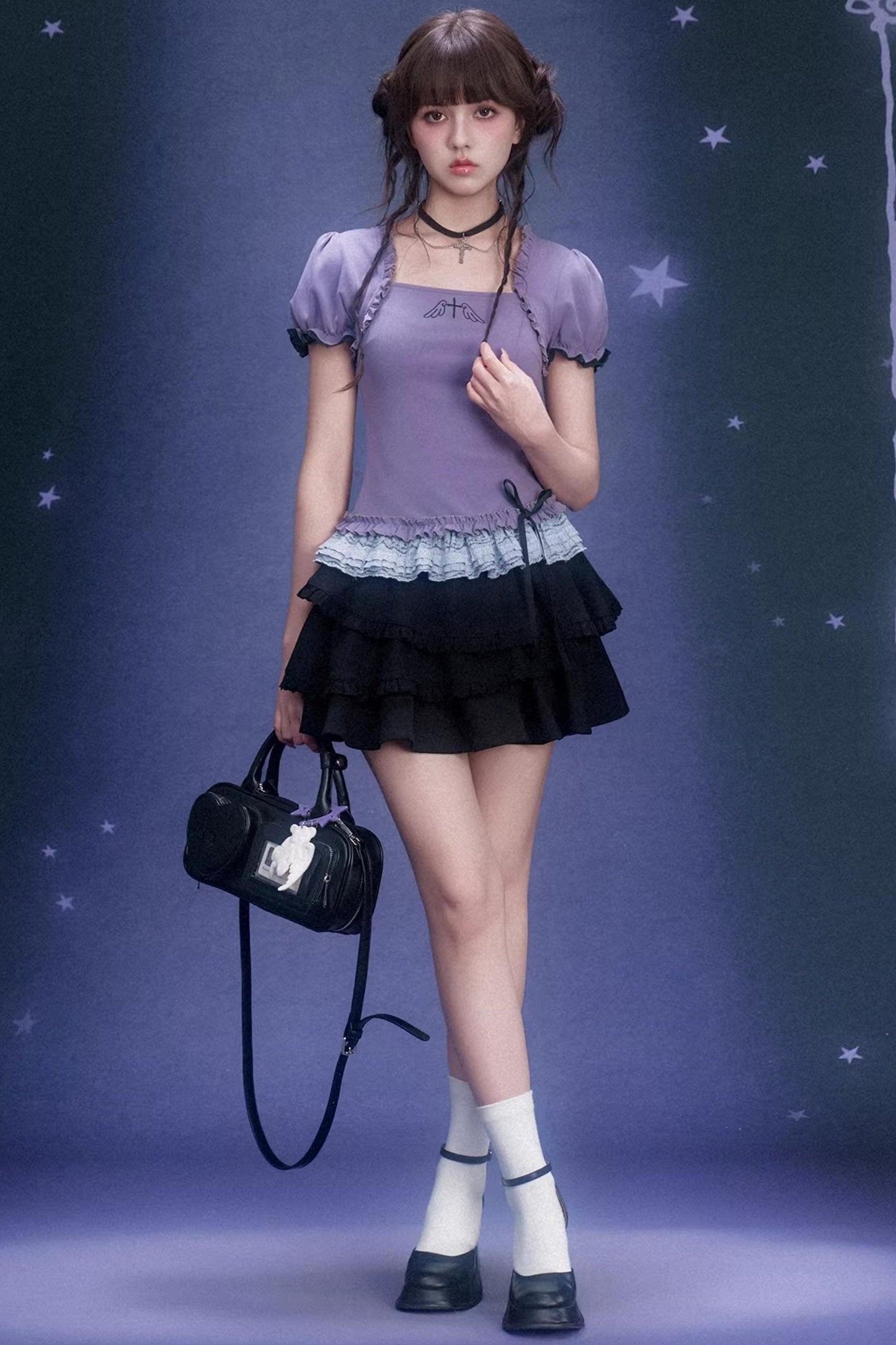 Purple Lace Puff Sleeve Top