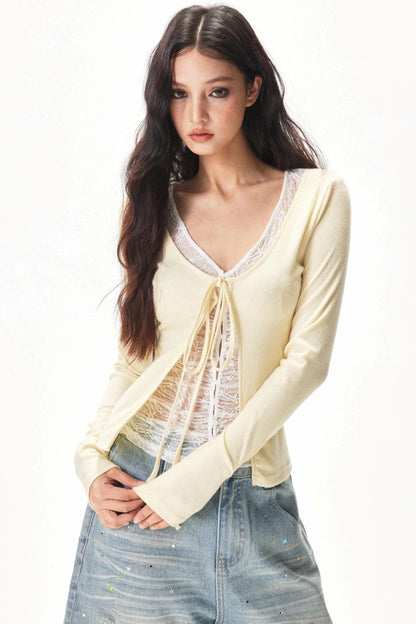 Fine Ribbed Knit Lace Blouse