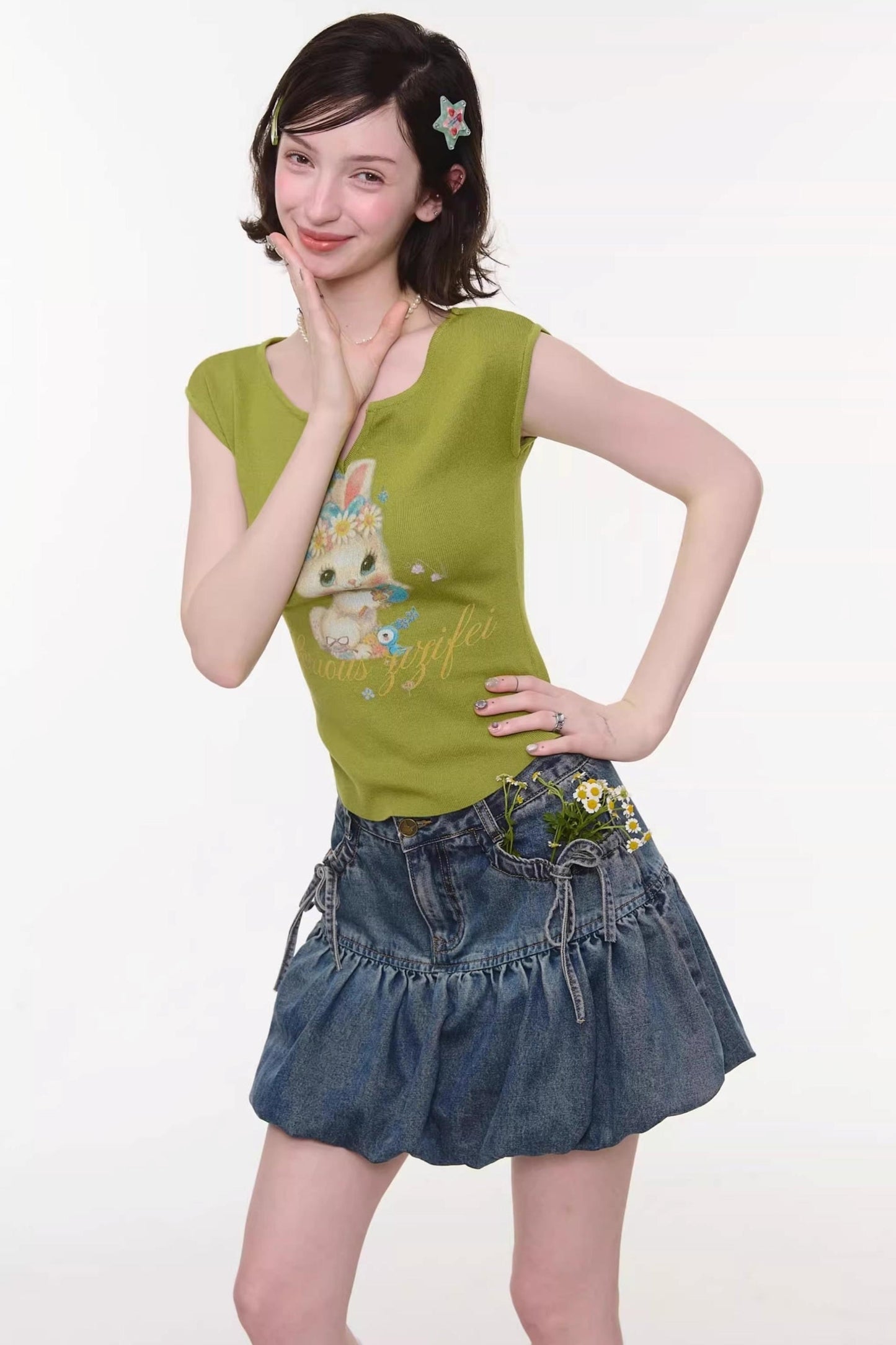 Green Rabbit Print V-neck Top
