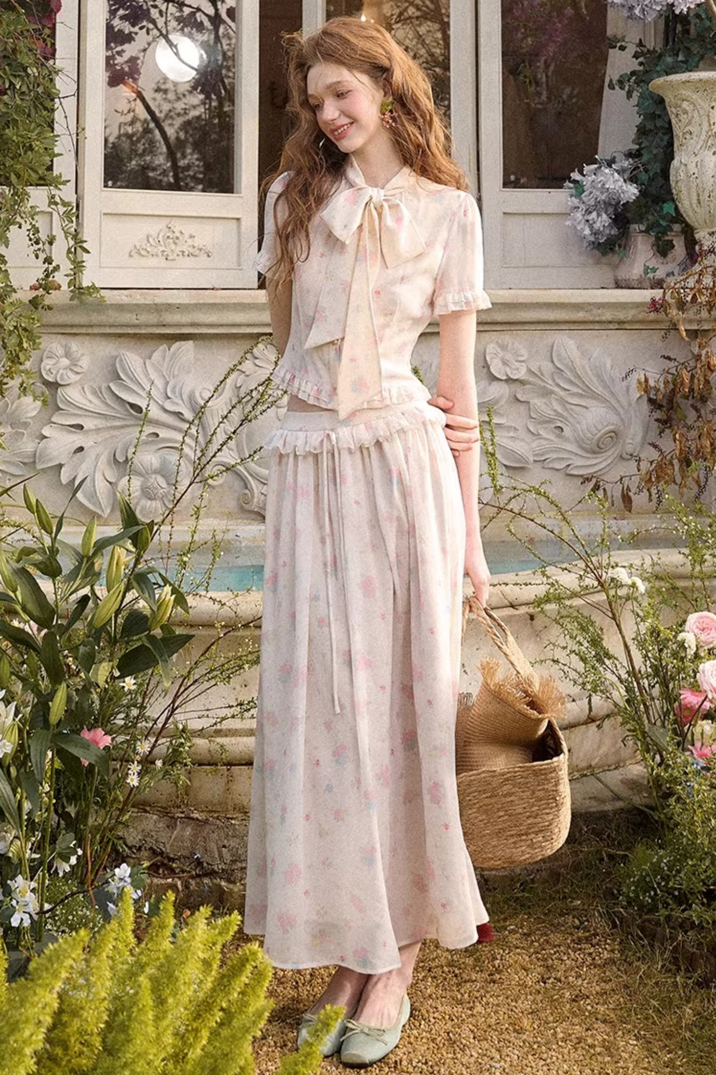 Mediterranean Print Chiffon Top + Skirt