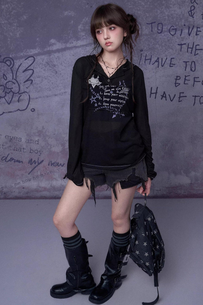 Mesh Graffiti Hooded Top