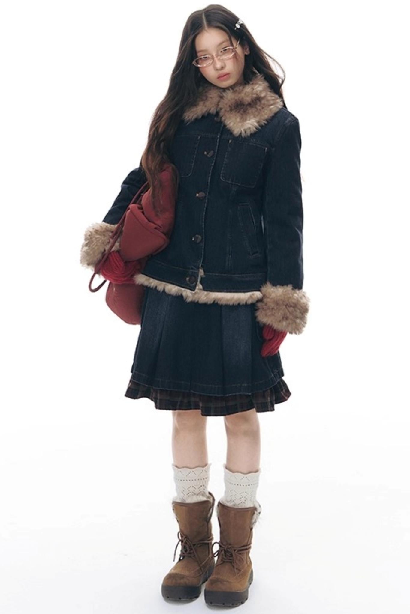 Fur Collar Denim Jacket + Skirt