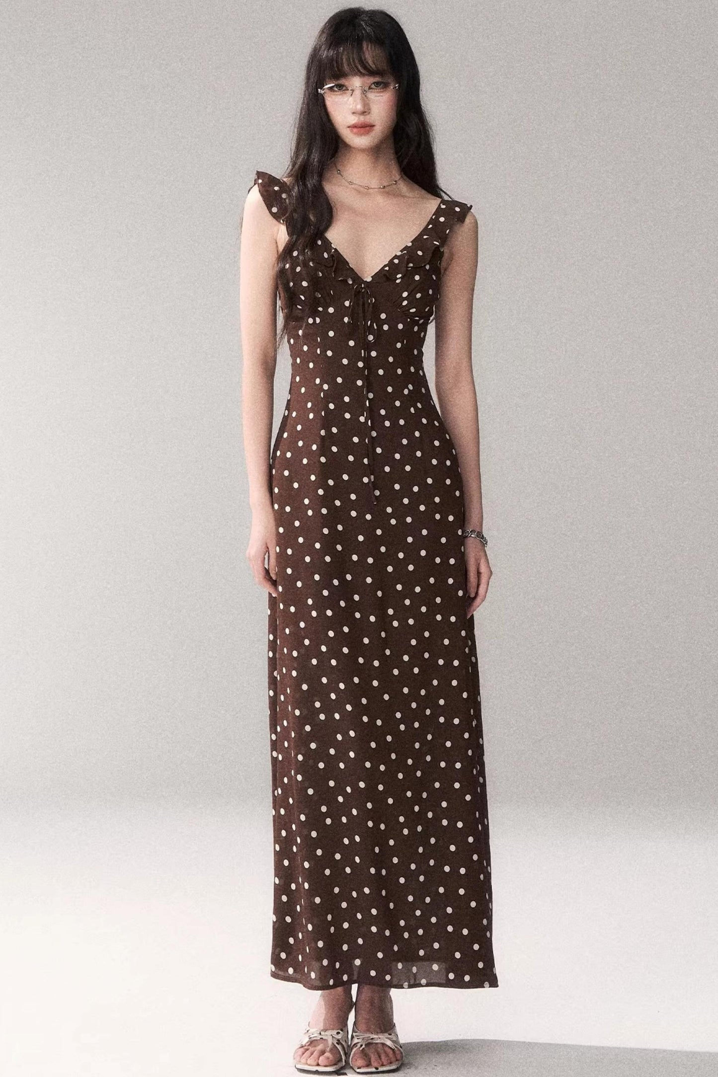 Brown Polka Dot Strap Dress