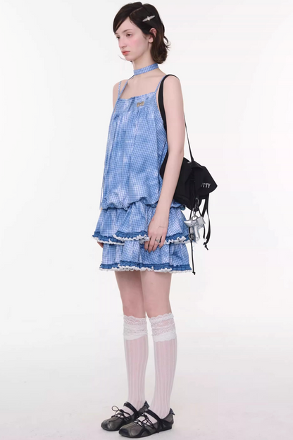 Tie-dye Blue Plaid Lace Dress