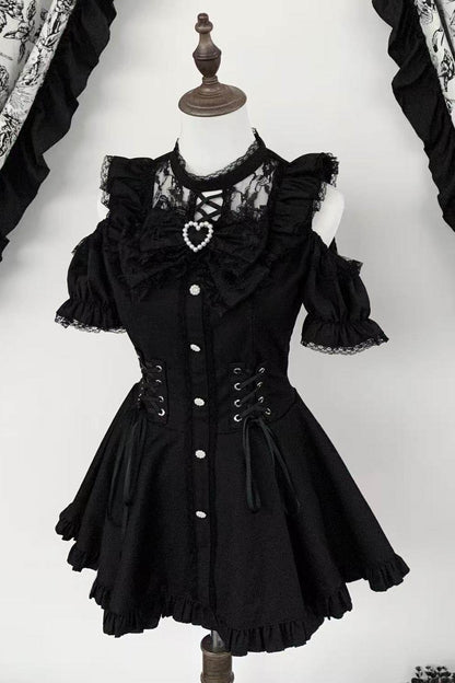Black / Striped Gothic Lace Ribbon Dress Set