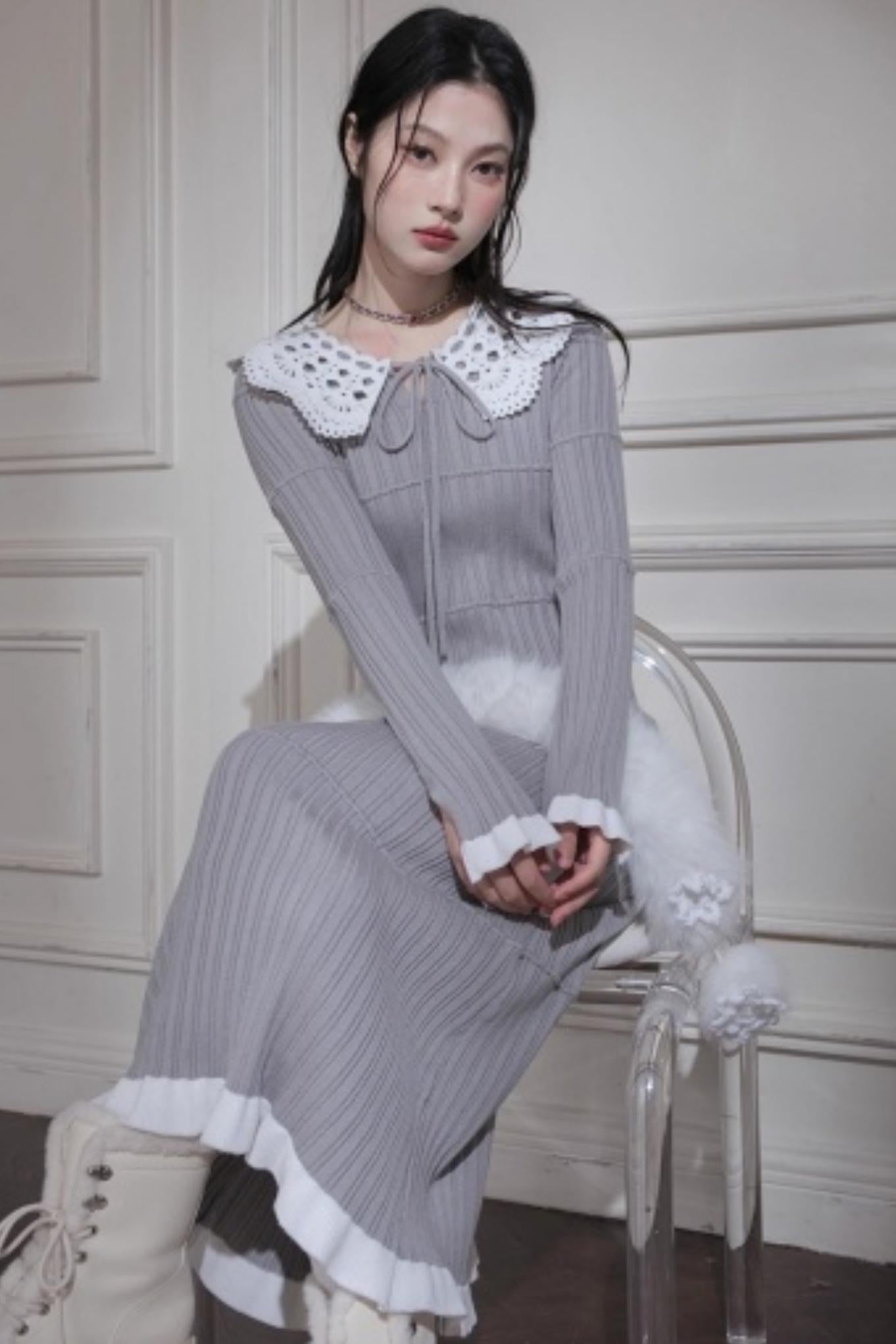 Sichuan Mist Gray Ruffle Long Dress