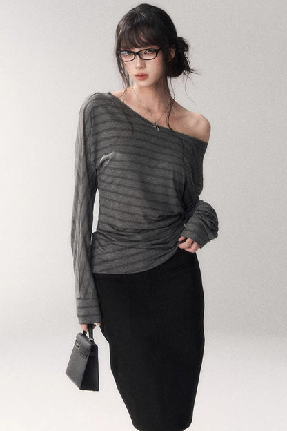Striped Tencel Off-shoulder Top
