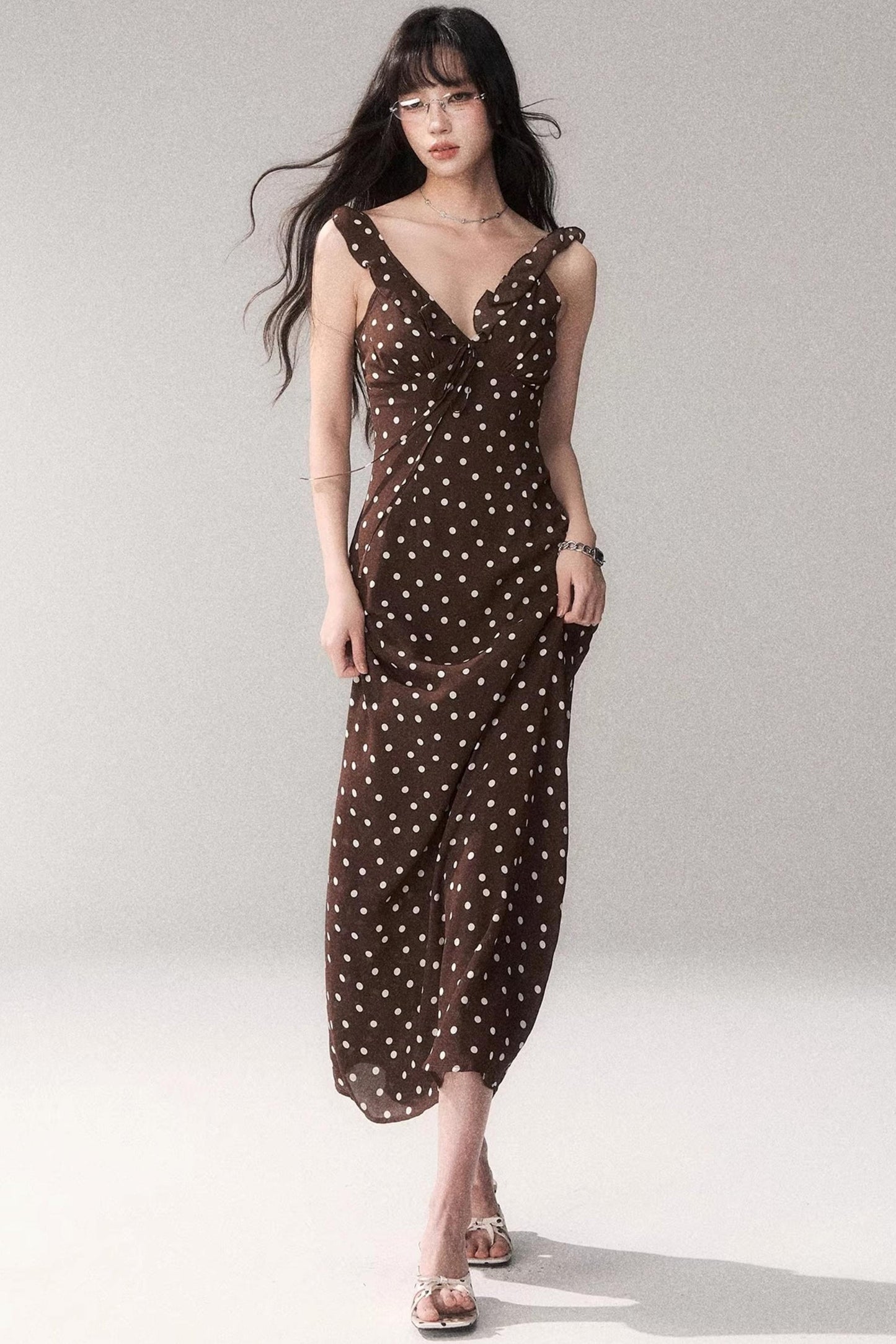 Brown Polka Dot Strap Dress