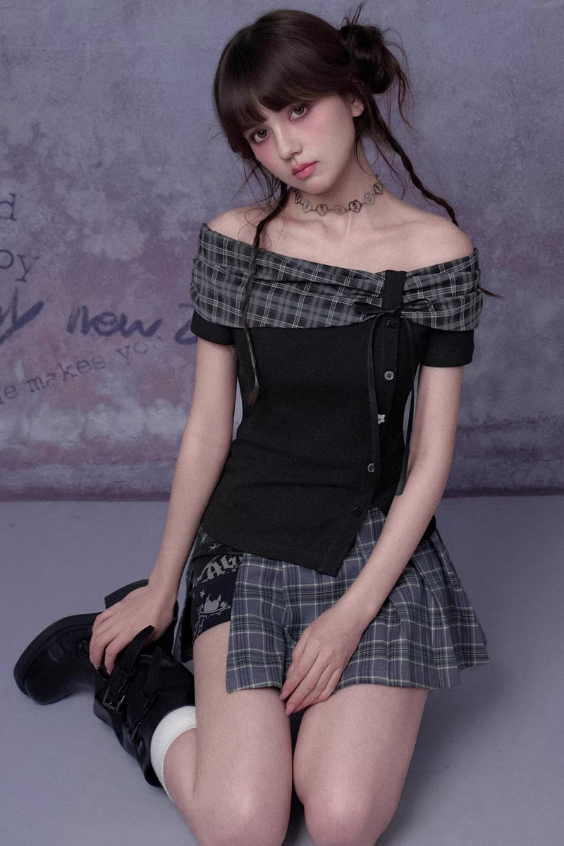 Pleated Bow Knot One-shoulder Top + Skirt