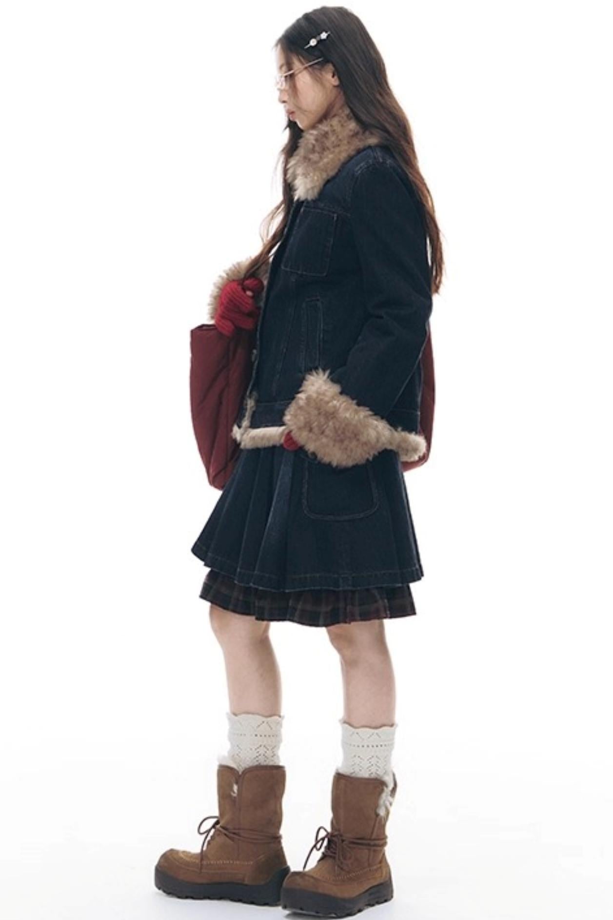 Fur Collar Denim Jacket + Skirt