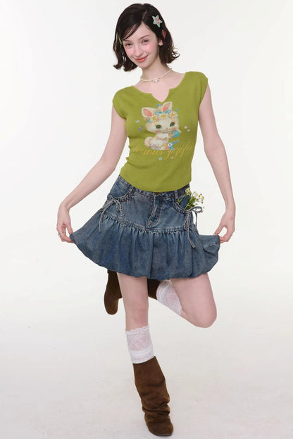 Green Rabbit Print V-neck Top