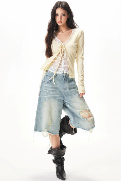 Fine Ribbed Knit Lace Blouse