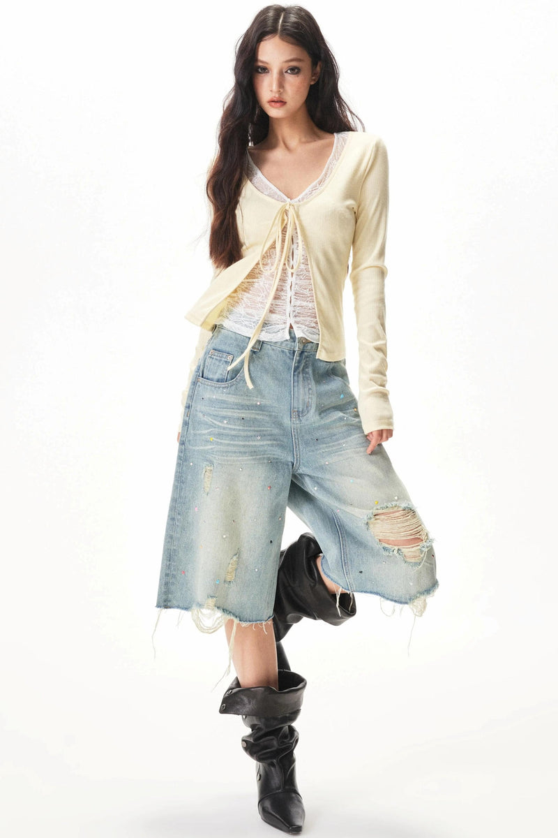 Fine Ribbed Knit Lace Blouse