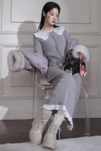 Sichuan Mist Gray Ruffle Long Dress