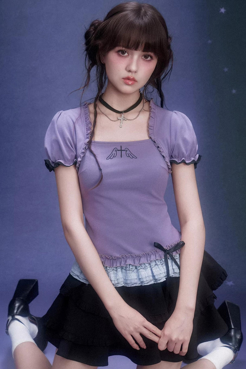 Purple Lace Puff Sleeve Top