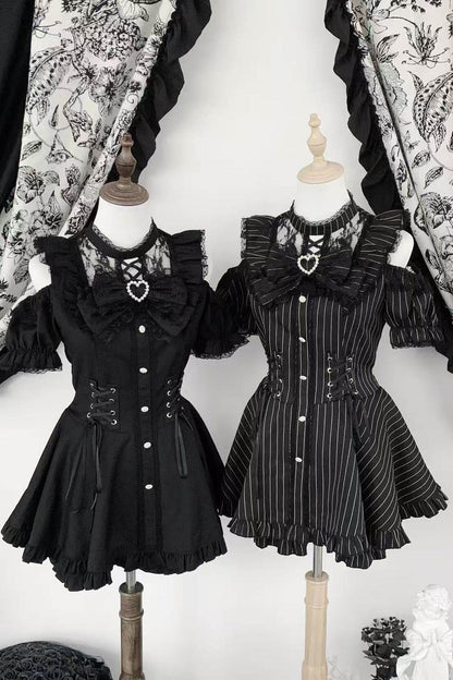 Black / Striped Gothic Lace Ribbon Dress Set